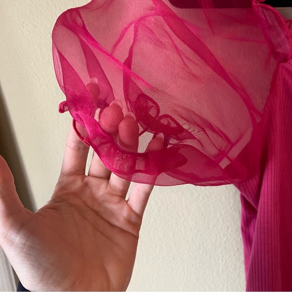 Altar’d State Fuchsia Pink Crop Top Ribbed Blouse Sheer Puffy Sleeves Summer - Picture 3 of 4